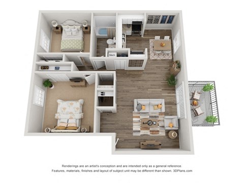 Floor plan for 2 beds, 1 bath, 869 sqft